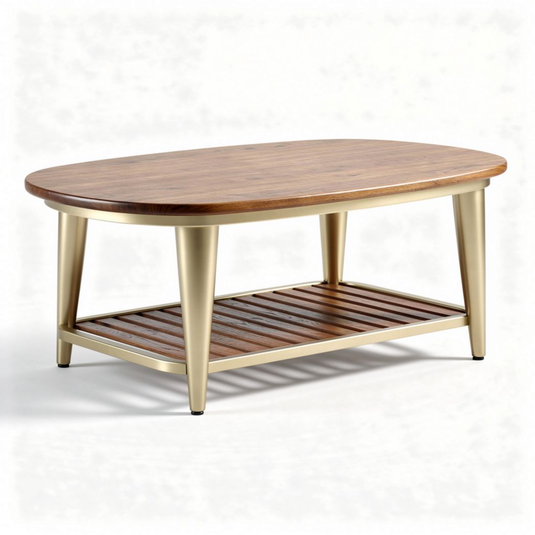 Oval coffee table with wood top and metal legs 120 x 60 x 40cm