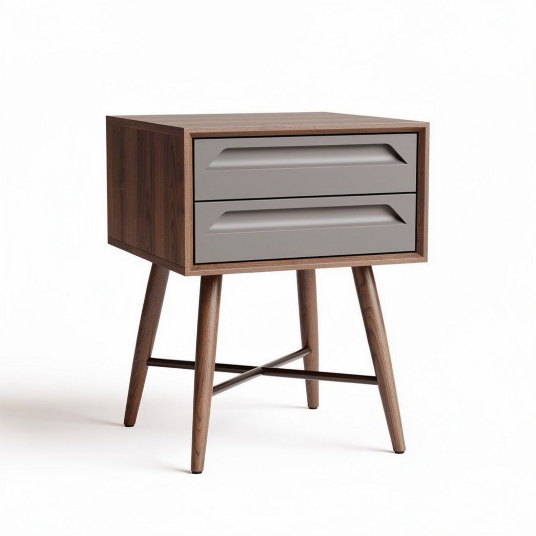 Modern wooden bedside table with two drawers in gray and walnut finish 45 x 40 x 50cm