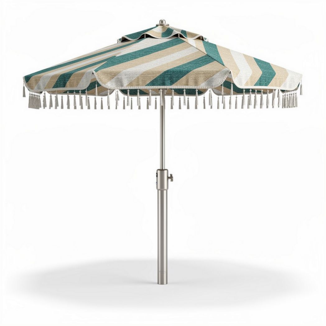 Striped outdoor patio umbrella with tassels and steel pole 200 x 200 x 250cm