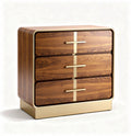 Mid-century modern three-drawer chest in walnut wood with gold accents 60 x 45 x 85cm