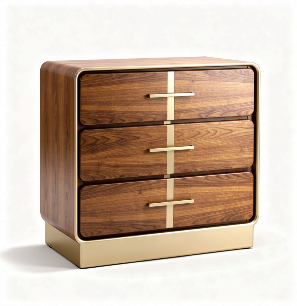 Mid-century modern three-drawer chest in walnut wood with gold accents 60 x 45 x 85cm
