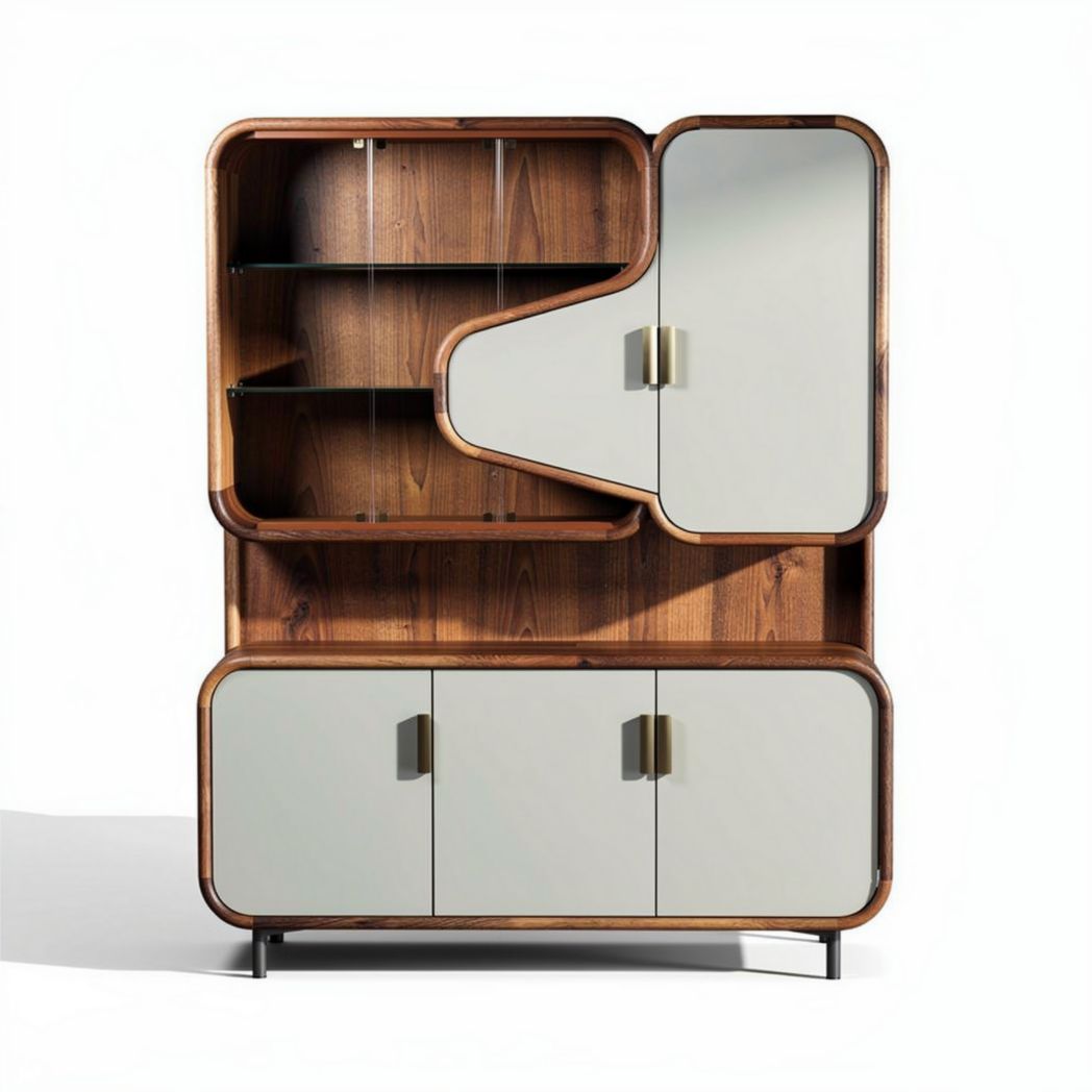 Mid-century modern wood and gray cabinet with shelves and storage compartments 120 x 80 x 200cm