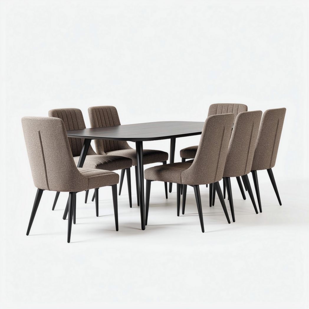Rectangular dining table with six upholstered chairs in brown fabric