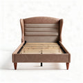Leather upholstered bed frame with wooden slats and contemporary design 200 x 160 x 100cm