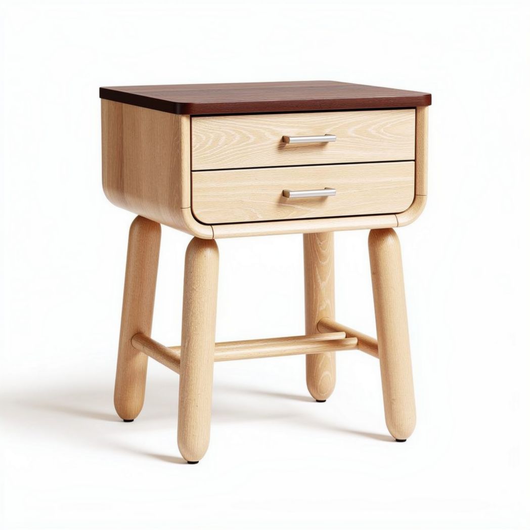 Wooden bedside table with two drawers in natural and walnut finish 40 x 40 x 50cm