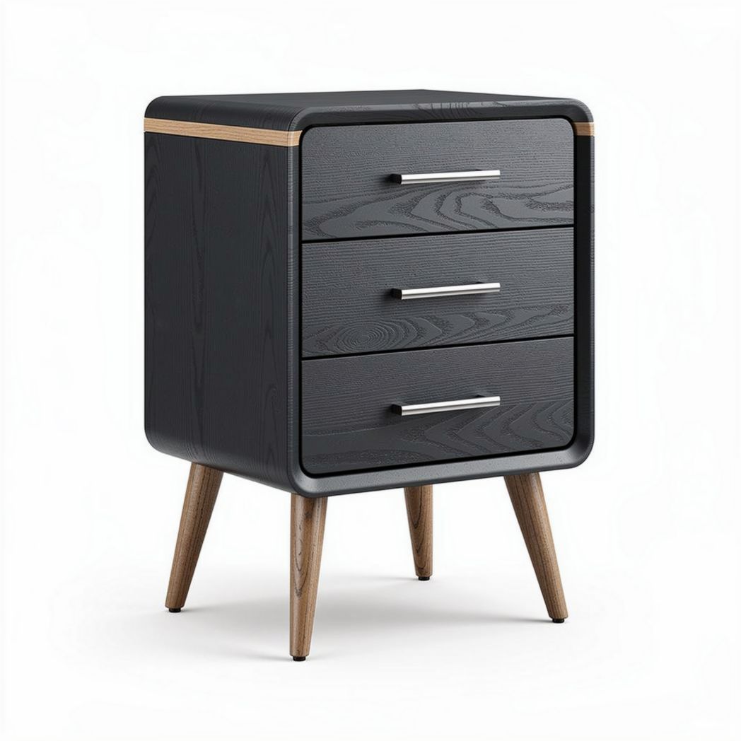 Modern black nightstand with three drawers and wooden legs 40 x 40 x 60cm