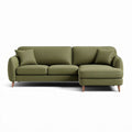 Green fabric sectional sofa with chaise lounge and wooden legs approximately 230 x 90 x 85cm
