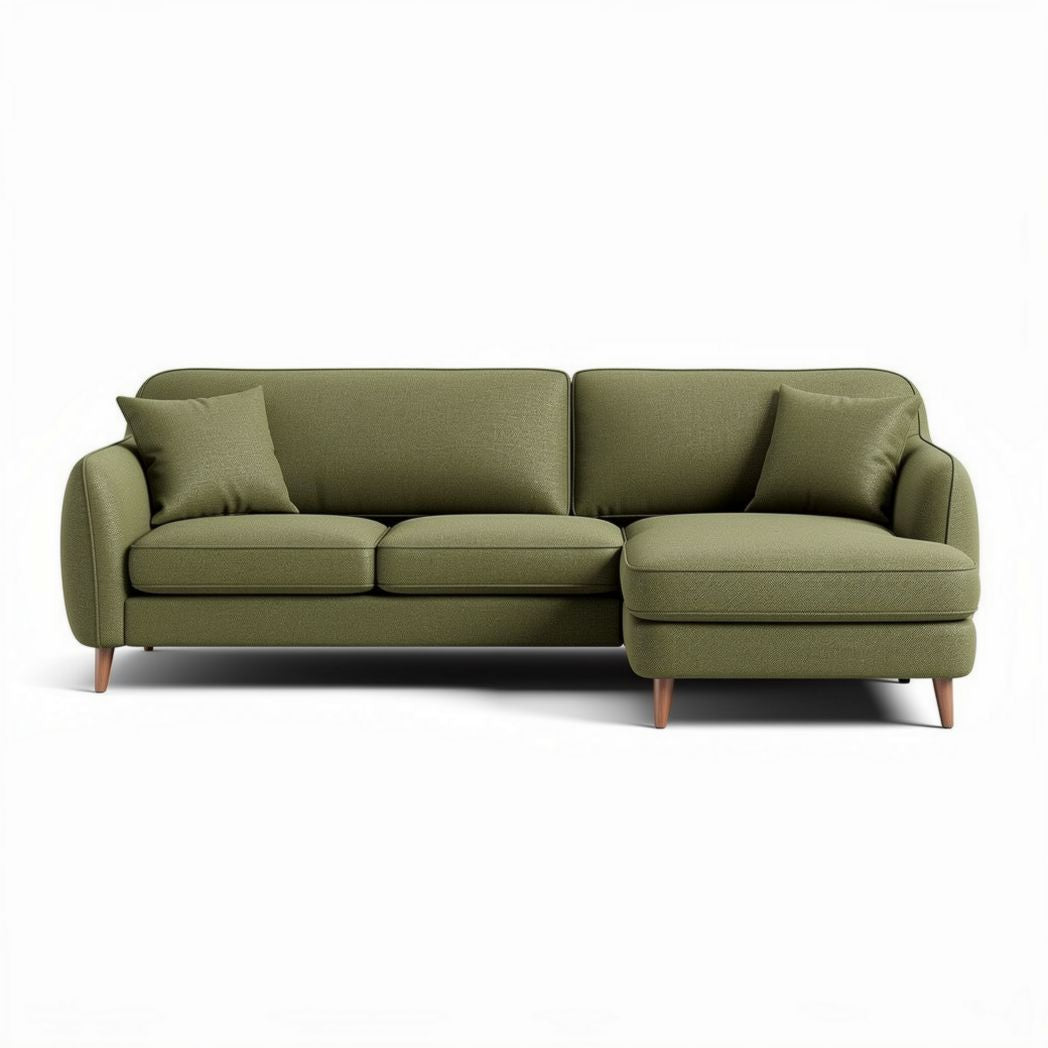 Green fabric sectional sofa with chaise lounge and wooden legs approximately 230 x 90 x 85cm