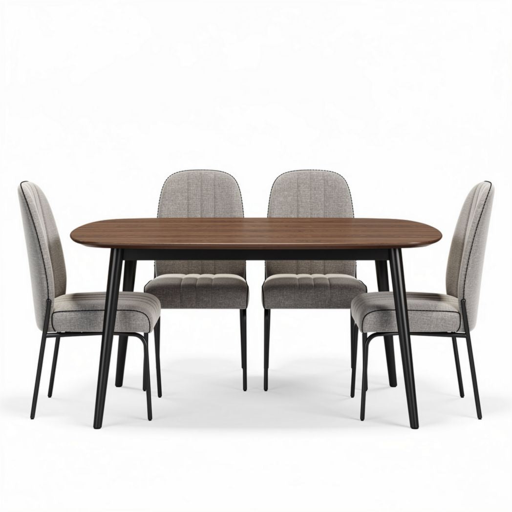 Oval dining table with fabric upholstered chairs in brown and gray 180 x 90 x 75cm
