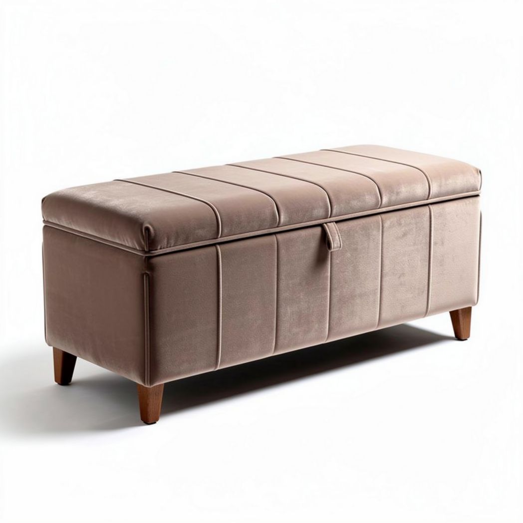 Upholstered storage bench in beige velvet with wooden legs 100 x 40 x 45cm